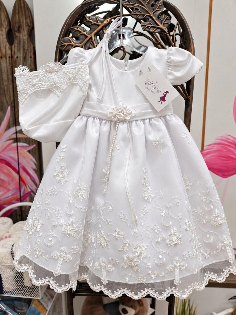 Cross Embroidered Christening Gown with Matching Bonnet
